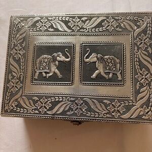 Vintage Indian Hammered Silver Toned Jewelry Box Elephants & Floral Design